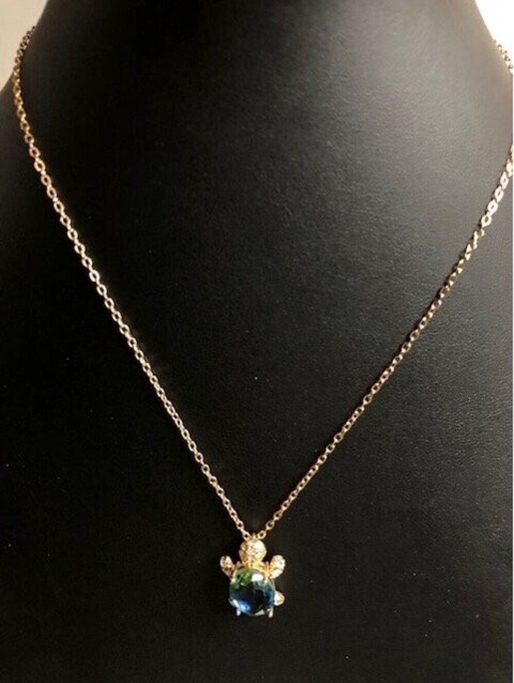B1148 Bella Jack Gold Tone Turtle Pendant Necklace Blue Crystal 16-19"